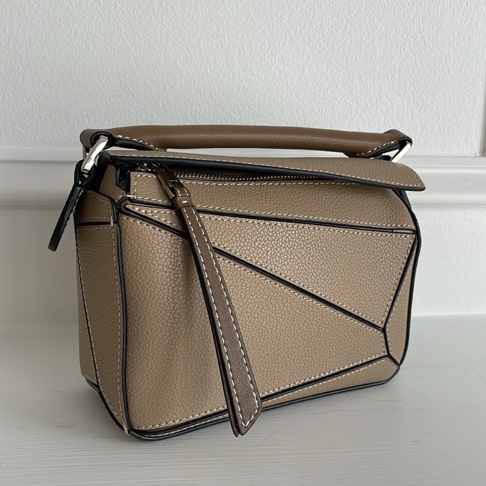 Mini Geo Panel Structured Bicolor Top Handle Bag - Taupe & Brown - Picture 2 of 14